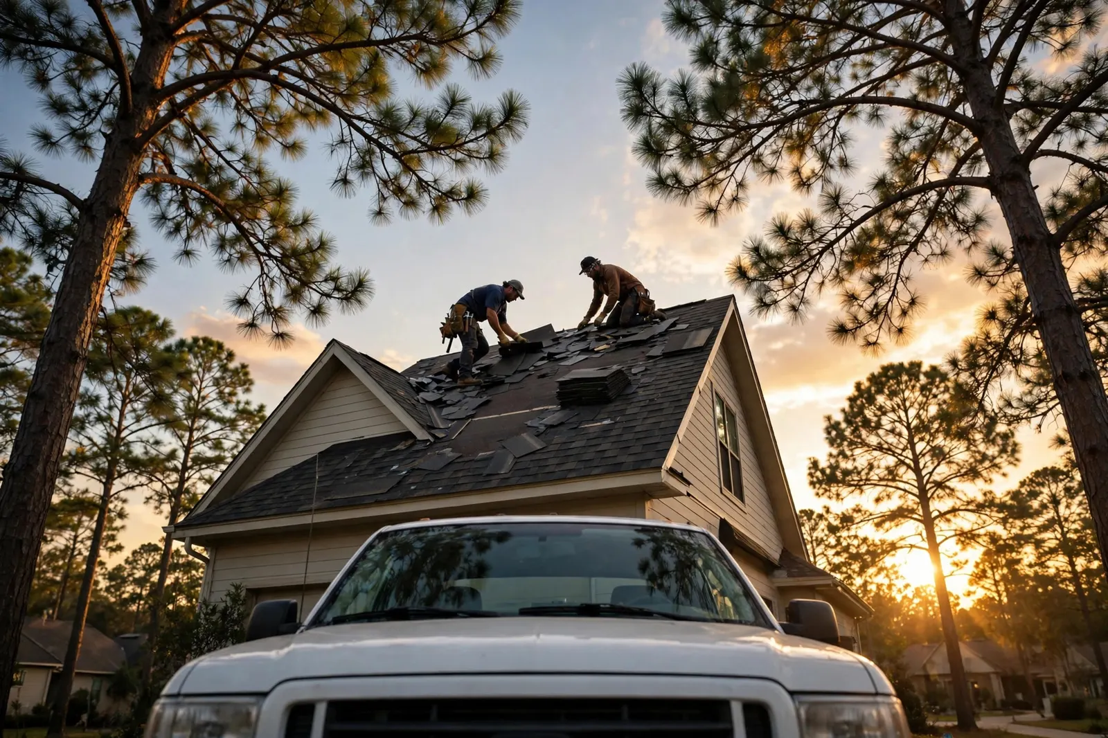 Roofing crew repairing a shingle roof in Tomball, TX